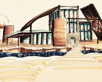 a drawing of a house with a large window