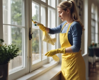 A person wearing protective clothing, a face mask, and gloves is cleaning a white cushioned furniture piece using a vacuum cleaner. The setting appears to be indoors with bright natural light streaming in through large windows. A green potted plant is placed next to a white sofa, adding a touch of nature to the clean and tidy environment.