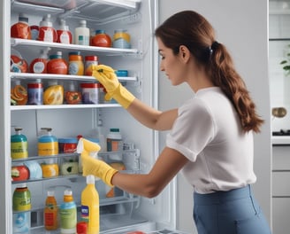 A person wearing protective clothing, a face mask, and gloves is cleaning a white cushioned furniture piece using a vacuum cleaner. The setting appears to be indoors with bright natural light streaming in through large windows. A green potted plant is placed next to a white sofa, adding a touch of nature to the clean and tidy environment.