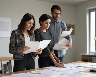 two people standing around a table with papers and papers