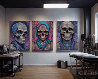 Detalhe artístico nas ilustrações Cavérik, elevando a estética e a energia do estúdio de tatuagem.