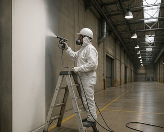 Um pintor profissional, com equipamento profissional aplicando tinta em uma parede alta de concreto