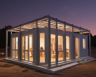 A large, bright room under construction with several large windows and glass doors revealing an outdoor scene with trees and patio furniture. Inside, there are tools, saws, and wooden planks scattered across two workbenches. The walls are freshly painted white, and recessed ceiling lights are illuminated, adding to the spacious and airy feel.