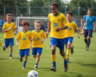 A group of young children playing soccer on a grassy field. They are wearing bright orange jerseys with black shorts, focusing intently on the game as they chase a soccer ball. The sky is partly cloudy, and there are trees and other players visible in the background.