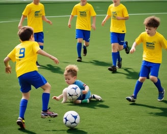 A group of young athletes playing soccer on a grassy field, surrounded by trees and a fence. Players are wearing matching blue uniforms, and a few are in yellow pinnies. The scene is set under a clear sky with ample sunlight.