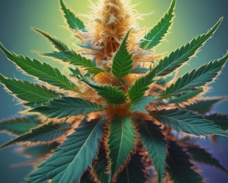 A collection of cannabis-related items, including a glass jar filled with cannabis buds, a metal grinder with its lid off, and a rolled joint laying in front. The scene features earthy tones and metallic highlights.