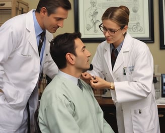 Surgeons in scrubs and masks are intensely focused on performing a surgical procedure in an operating room, surrounded by medical equipment and bright overhead lighting.