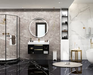 a bathroom with a tub and a large mirror