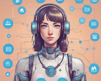 A small, white humanoid robot with blue accents, including eyes, mouth, and a circular badge with the letters 'AI' on its chest, is positioned in front of a blue laptop on a metallic surface. The robot has a simple, smooth design with two cylindrical arms and a small antenna on top.