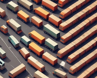 Aerial view of an industrial area with a large warehouse on the right side, multiple shipping containers, and trucks parked in an organized manner. The adjacent road shows traffic markings, a single red bus, and several cars. Vegetation and buildings are visible, adding an urban feel.