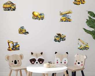 Construction vehicle wall decals set featuring realistic heavy machinery illustrations