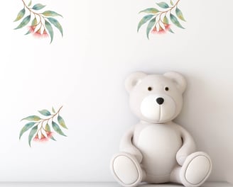 Flowering gum wall decal with pink blossoms and eucalyptus leaves