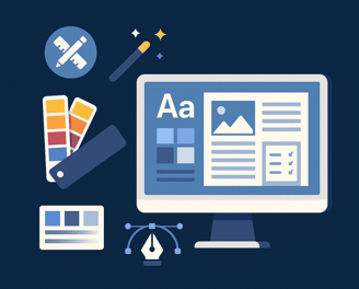 Branding and UI/UX design services including logos, visual identity, and user interface design