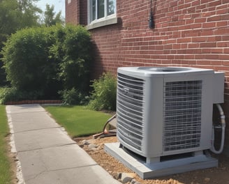 Numerous air conditioning units are densely packed on the exterior wall of a multi-story building. The image shows a very urban setting, with a grid-like arrangement of metal platforms supporting the units. Adjacent to this setup is a zigzagging metal staircase, leading to various floors of the building. The overall appearance is industrial and cluttered.