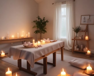 Various wellness and beauty products, including oils in bottles, a bowl of oil, dried flowers, crystals, a smudge stick, and a small dish of cream, are arranged aesthetically on a light surface. The scene is decorated with colorful flowers and herbs.
