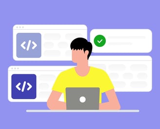 Junger Entwickler arbeitet konzentriert an einem Projekt. Er ist von mehreren Browserfenstern mit Code umgeben, eines davon z