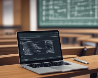 A laptop displaying coding software is placed on a wooden desk in a lecture hall. Behind the laptop, chalkboards can be seen with written equations and notes. The environment suggests an educational or programming context.