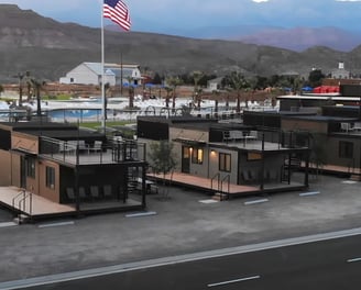 Prefab modular tiny homes by Zip Kit Home Builders at dusk