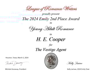 League of Romance Writers presents The Emily Award for 2nd place - official signed award