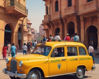 Three whimsical, yellow three-wheeled vehicles with vibrant cab-style designs and open sides are parked on the street. These vehicles have checkerboard patterns and green accents. A person in casual attire stands nearby, while another individual is seated inside one of the vehicles. A red and blue bus is visible in the background along with trees.