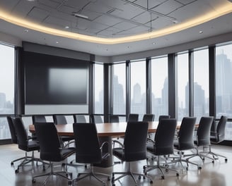 Empty prestigios corporate  board room in office building with large flat screen monitor/tv.