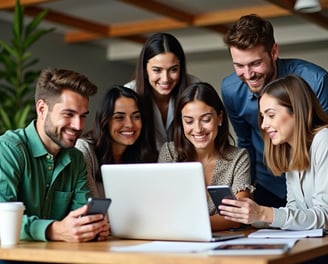 a group of people sitting around a table with a laptop and a cell phone