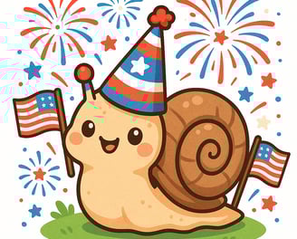 A festive banner with fireworks, American flags, and a cute Cornu aspersum snail wearing a little re