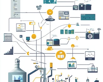 Fluxograma complexo de dados e processos, representando integração e automação industrial.