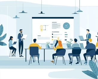 Equipe em reunião de trabalho com apresentação, simbolizando colaboração e estratégia empresarial.