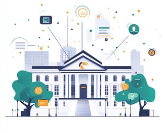 Ilustração de prédio público com ícones digitais, representando transformação digital