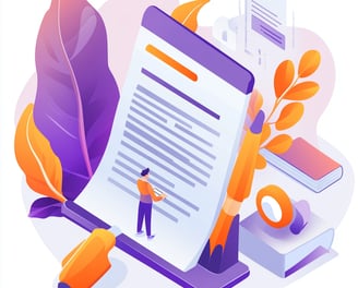 Ilustração de documento digital e escritor, representando criação de conteúdo e redação online.