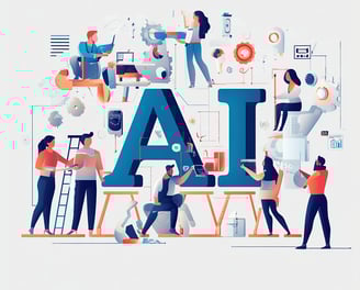 Ilustração colaborativa de "AI", representando inteligência artificial e inovação tecnológica.