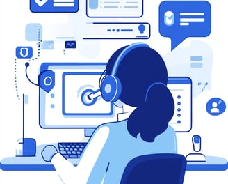 Ilustração de atendente com headset em suporte online, representando atendimento ao cliente digital.