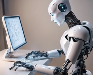 A laptop displays a webpage titled '150 ChatGPT copywriting prompts' with a logo above the text. It suggests using AI to improve copywriting skills. On the left, part of a colorful sandwich is partially visible, adding a contrast to the academic theme on the screen.