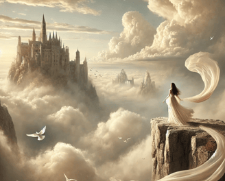 Femme en tunique face à une cité ancienne flottante dans les nuages.