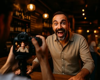 Fotógrafo grabando contenido en negocio local de Almería con móvil y micrófono profesional