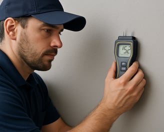 technician taking moisture readings on a wall