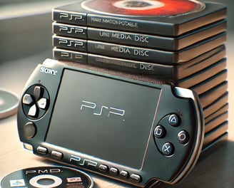 A PlayStation Portable and UMD discs.