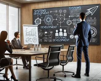 People meeting with a blackboard.