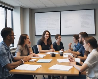 Three people are in a meeting room. One person is standing and pointing to a whiteboard filled with diagrams and flowcharts, while the other two are seated at a table with laptops and notebooks. The atmosphere appears focused and collaborative.