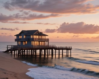 A beach scene with a makeshift hut made of wooden sticks and dried palm leaves. Two white Adirondack chairs are placed in front of the structure, which has a 'For Rent' sign hanging. Surrounding the hut is an expanse of sandy beach, and modern beachfront homes are visible in the background under a clear blue sky.