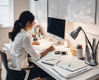 a woman sitting at a desk with a computer and a monitor