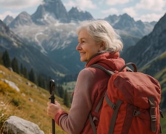 Senior active woman hiking in the ALPS after she retired.