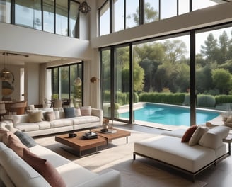 The image features a spacious room with large glass windows offering a panoramic view of a city. Outside, there is a landscape with a river, lush greenery, and numerous buildings in the background, under a partly cloudy sky. Inside the room, there is a dark green sofa and a small potted plant, suggesting a modern, comfortable interior space.