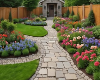 A lush, green garden landscape featuring a variety of well-manicured bushes and trees on a sunny day. There are small, winding paths and a view of a charming house with a green roof in the background, set against a blue sky.