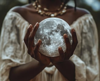 a woman holding a crystal sphere in her hands
