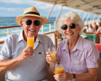 An elderly couple stands together, the woman seated in a wheelchair holding a blue folder with a gold logo. The man stands beside her, wearing a dark blue shirt with a patterned design. A decorative wall with a branching pattern and birds is in the background.