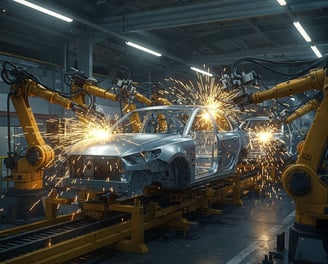 a car being worked on by a robot welding machine