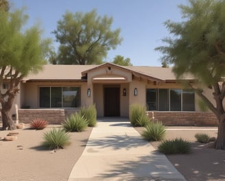 A modern architectural structure with a slanted roof stands on a rocky, red desert landscape. Surrounding the building are green shrubs and plants, with a clear blue sky in the background. The building features large glass windows reflecting the outdoors.