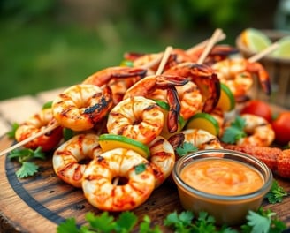 a bunch of grilled shrimp and vegetables on a wooden board